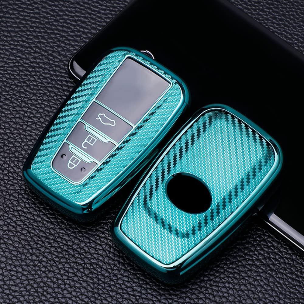 HIBEYO TPU Carbon Fiber Texture Car Key Fob Cover with Keychain fits for Toyota Rav4 Camry Corolla 4Runner Highlander Prius Car Key Case Cover Jacket Smart Remote Car Key Holder Shell 3 Button Green