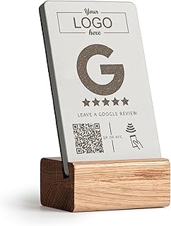 Google Bewertungsaufsteller mit NFC & QR-Code und Ihrem Eigenen Logo – Fertig Eingerichtetes Bewertungsschild aus Beton und Eichenholz