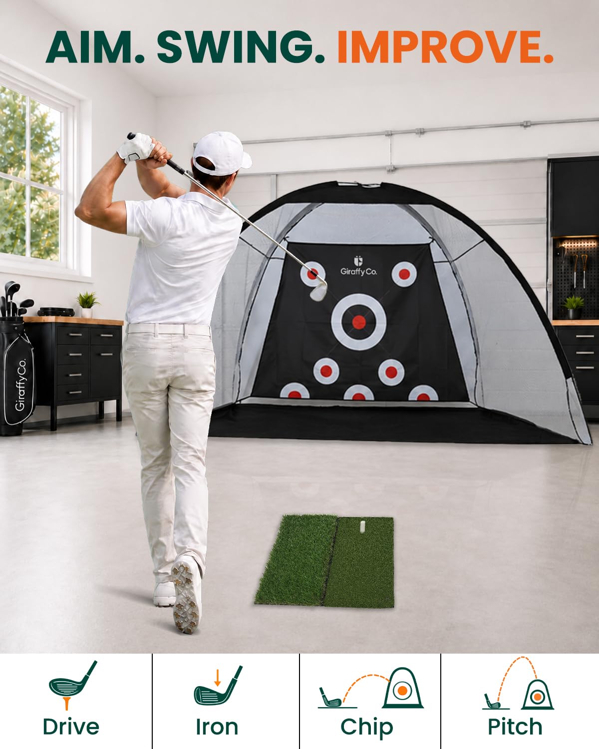 GIRAFFYCO Golf Übungsnetz mit Dual-Turf Matte, 310 cm Trainingsnetz