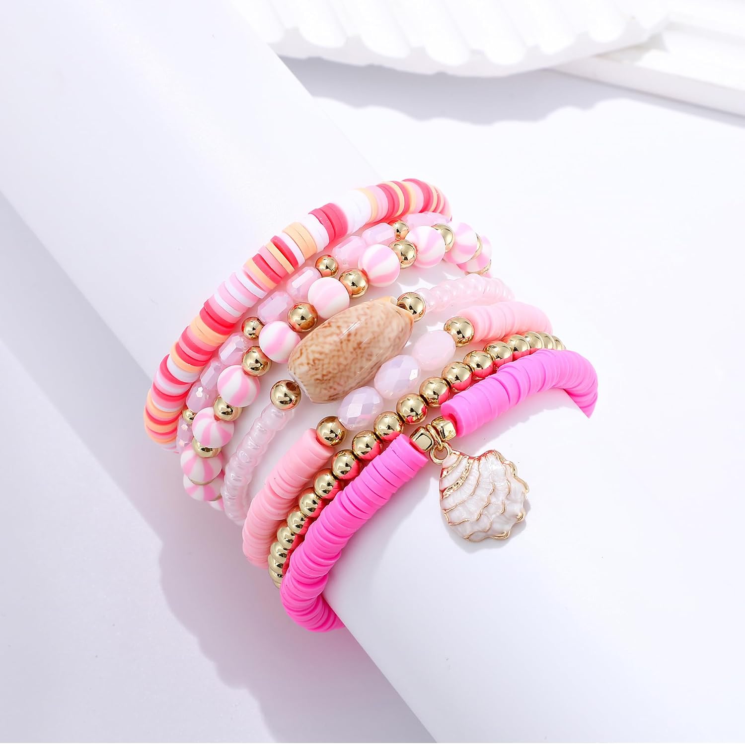Summer Surfer Heishi Bracelet Set for Women Stackable Gold Plated Clay Ploymer Bead Stretch Pink Beach Layering Bracelets Jewelry image 2