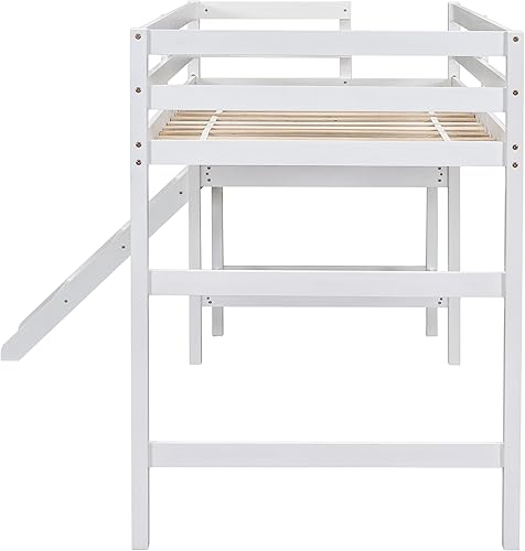 Miniatura 9 de Cama alta baja con escritorio y escalera, camas altas de tamaño individual con soporte de tablillas, marco de cama loft de madera para niños, niñas