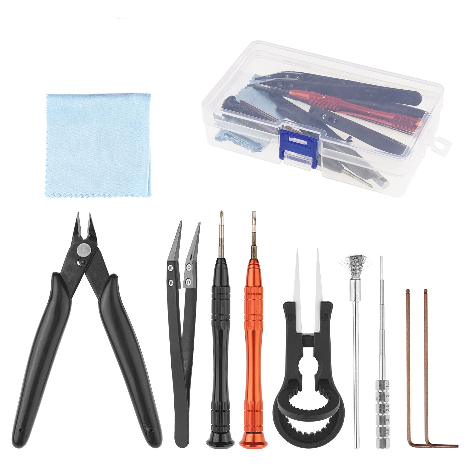 TKING 10pcs E-Cigarette DIY Tools Set;Pliers/Ceramic Tweezers/Vape Tweezers/1.5mm-3.5mm Coil Jig/Large Coil Brush/2 Screwdriver/2 Hexagon Tools/Cleaning Cloth
