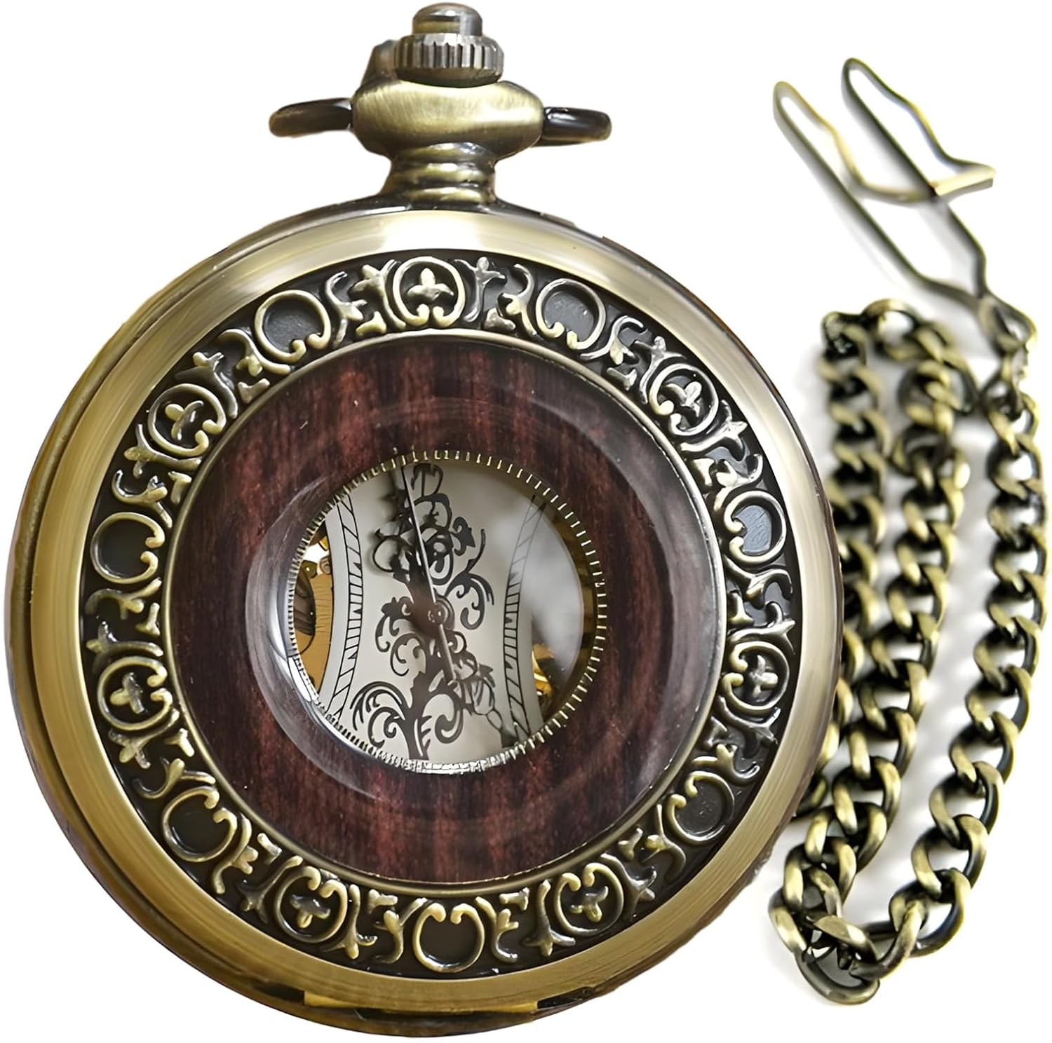 Men's Vintage Mechanical Pocket Watch, Roman Numerals, Manual Winding, Zinc Alloy Case, Bronze Tone, 1.97 Dial with Chain Included