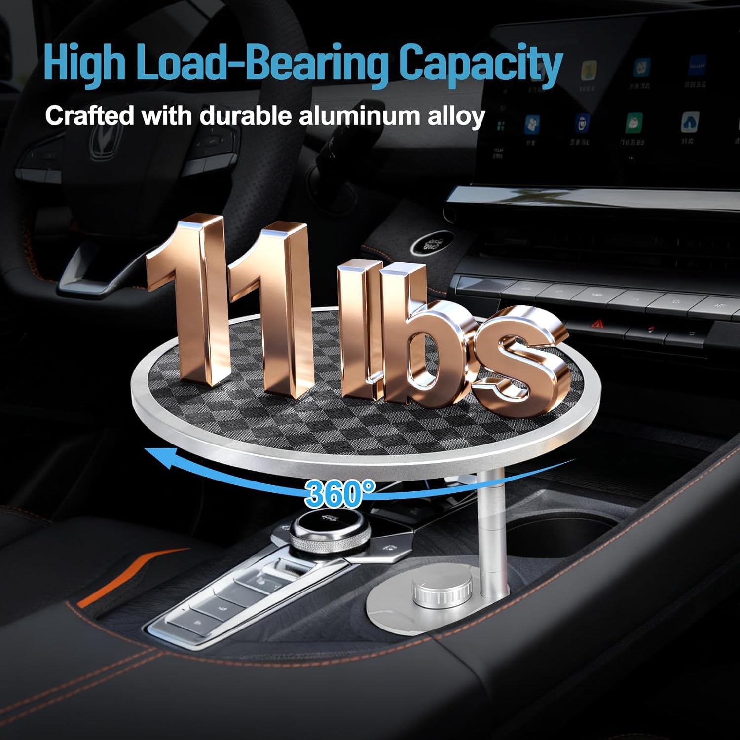 Car Tray Table & Car Desk for Laptop with 2 Risers and Anti-Slip Pad, 360° Rotating Cup Holder for Working and Eating Compatible with Tesla Model 3/Y/S, Ford F150/Explorer/Maverick & Most Vehicles/EV