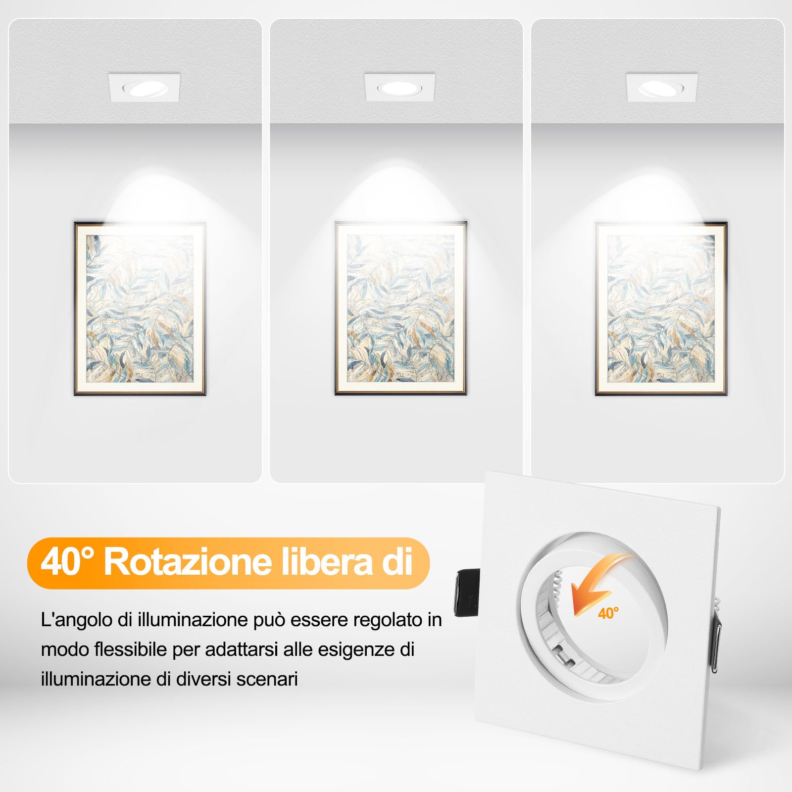 KYOTECH Cornice Faretto Incasso GU10 Orientabile Portafaretto da Incasso Bianco,Per GU10, alogeno e MR16, Faretti led da incasso per cartongesso incl. portalampada,Set da 6 (Quadrata)