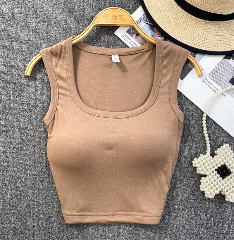 Top corto con cuello Halter y hombros descubiertos for mujer, camisetas sin mangas con sujetador integrado, camisola de algodón for mujer, verano 2023 Almighty ( Color : C coffee , Size : One Size )