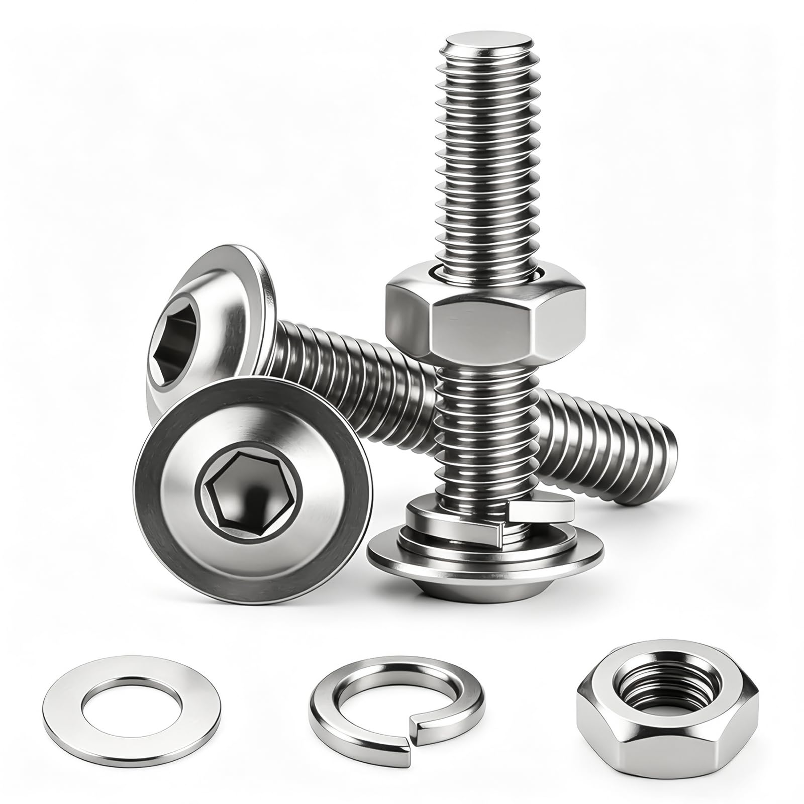Home DIYer M8 Bolts 10Pcs M8 x 35mm White Flanged Button Head Socket Cap Bolts 304 Stainless Steel Allen Bolt Set with Hex Nuts Flat & Lock Washers
