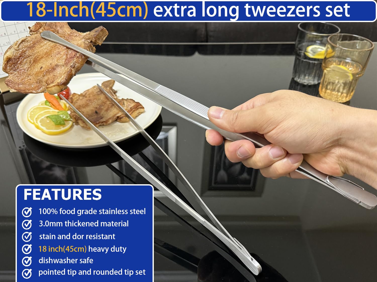 JETKONG 2 pinzas de acero inoxidable de 45 cm, pinzas gigantes resistentes, pinzas extragrandes para cocinar, asar, asar y girar alimentos (plateado)