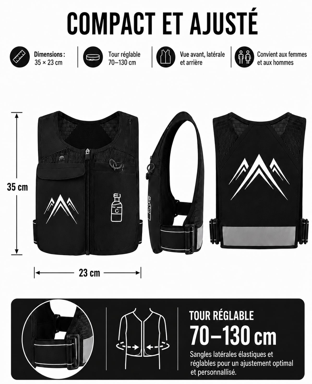 Gilet Hydratation Running Femme Homme, Gourde Souple 470ml, Sac Hydratation Running Femme, Gilet Course a Pied Léger, Ajustable, Réfléchissant Sac Trail pour Randonnée Marathon, Noir