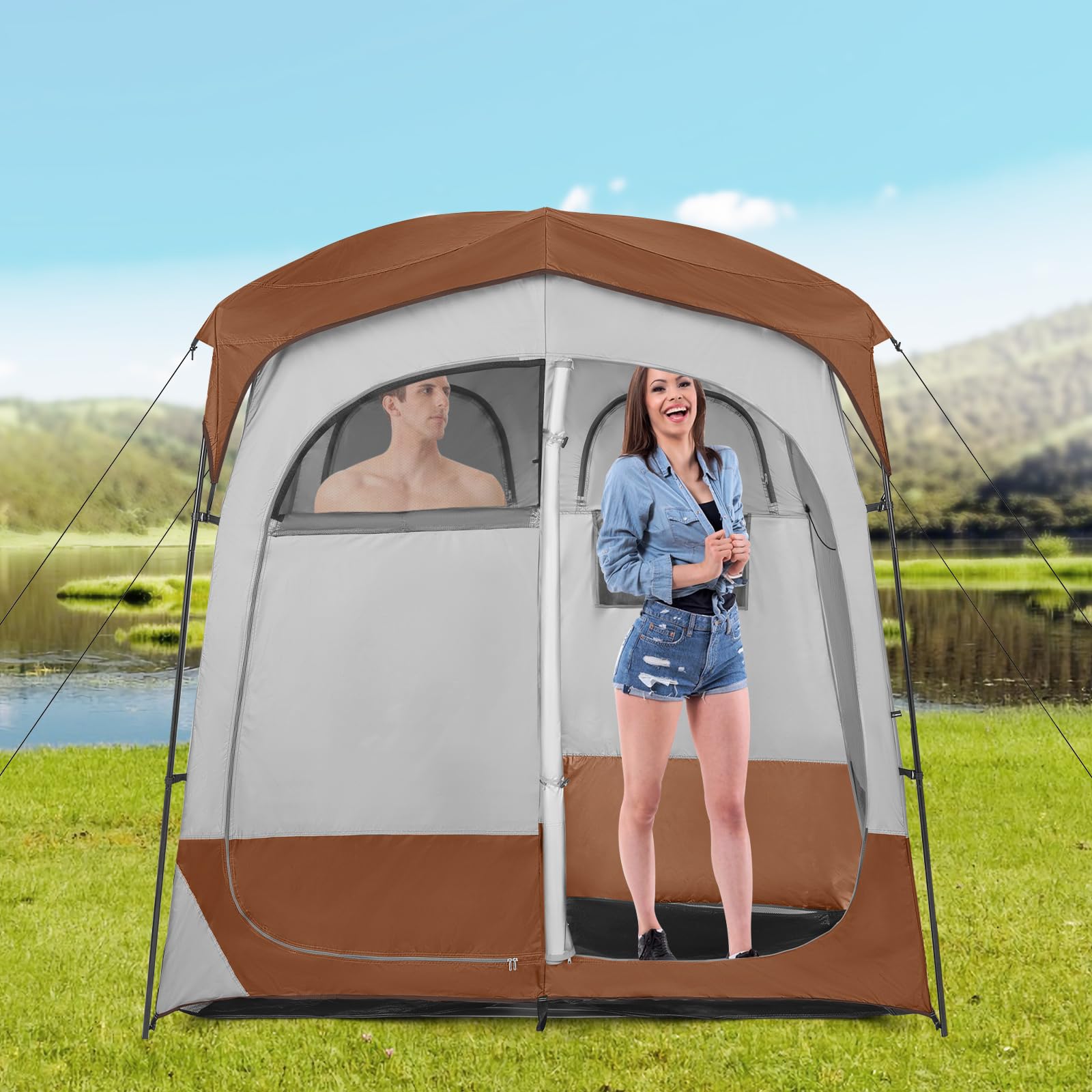HOMASIS Tente de Douche Double pour Camping, Tente de Salle de Bain pour WC avec Fenêtre, Poche de Rangement, Crochet et Sac de Transport, Vestiaire Portable pour Plage, Randonnée, Pêche