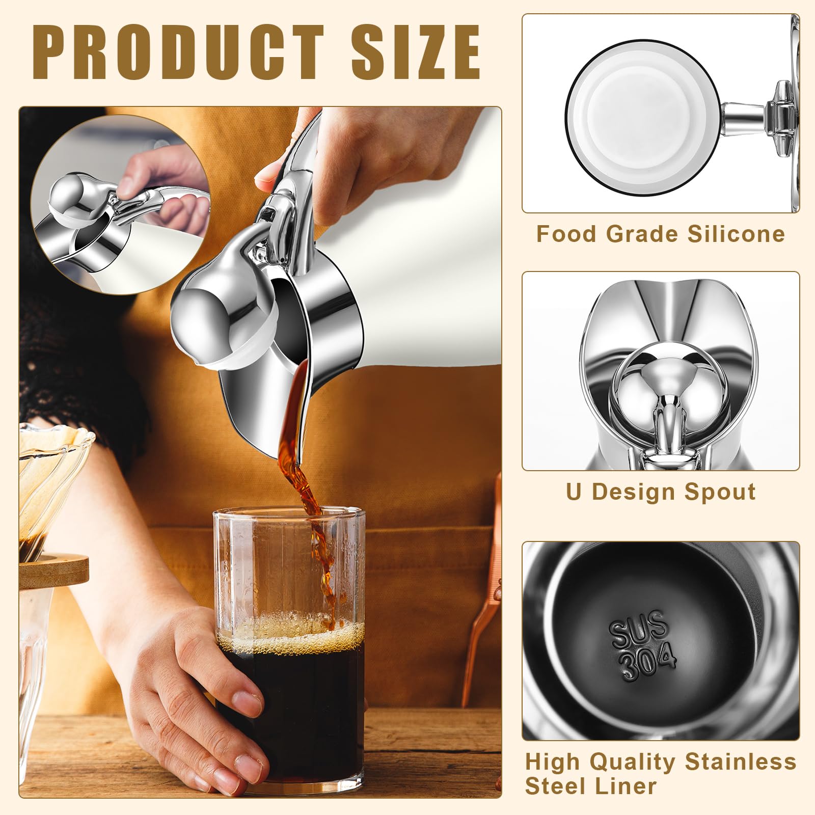 Uiifan 2 jarras térmicas de acero inoxidable de 68 onzas, jarra térmica de café aislada de doble pared al vacío con cepillos, retención de calor de 12 horas (negro, blanco)