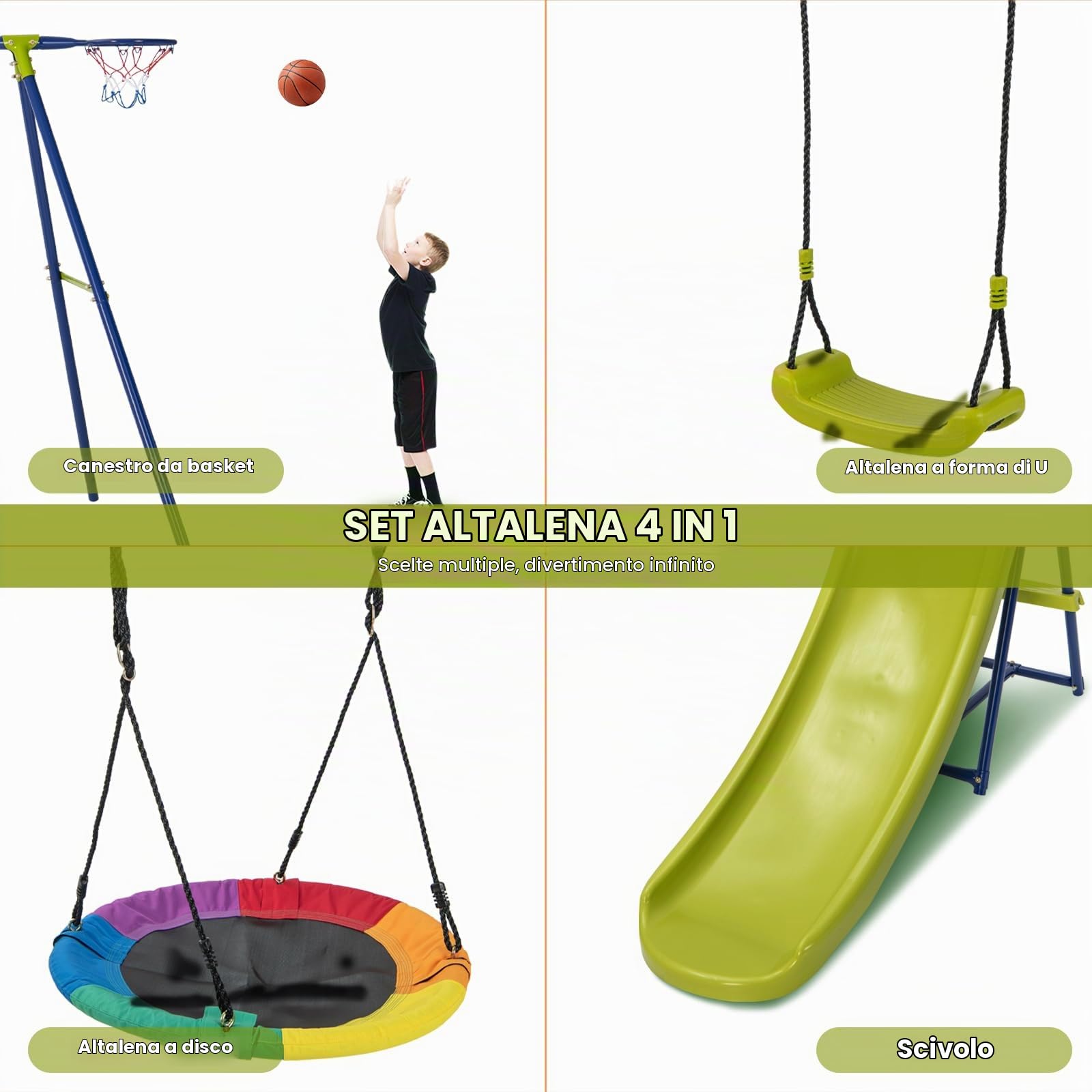 KOMFOTTEU Set di Altalene da Giardino per Bambini con Scivolo e Canestro da Basket