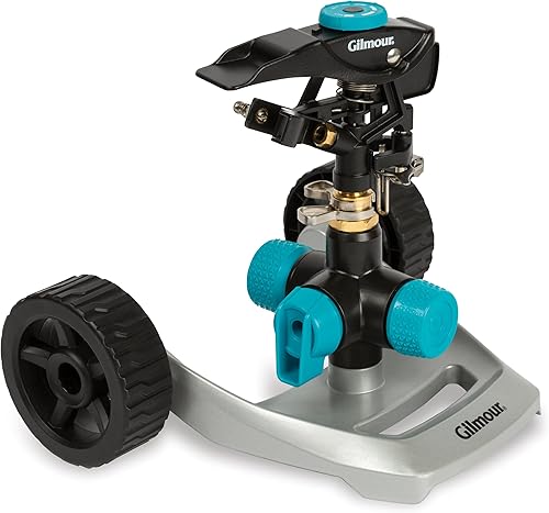 Gilmour 831673-1001 Aspersor circular con ajustable (5,800 pies cuadrados), base de rueda resistente, negroaguamarina