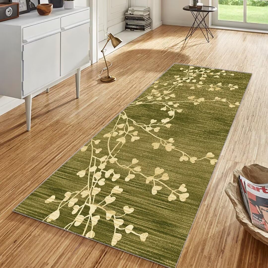 Grün Läufer Teppich Lang Vintage Flur Läufer rutschfest Waschbar 70x240cm Modern Blattmuster Dauerhaft Läuferteppich TeppichLäufer Küchen Korridor Polyester Anpassbar Meterware