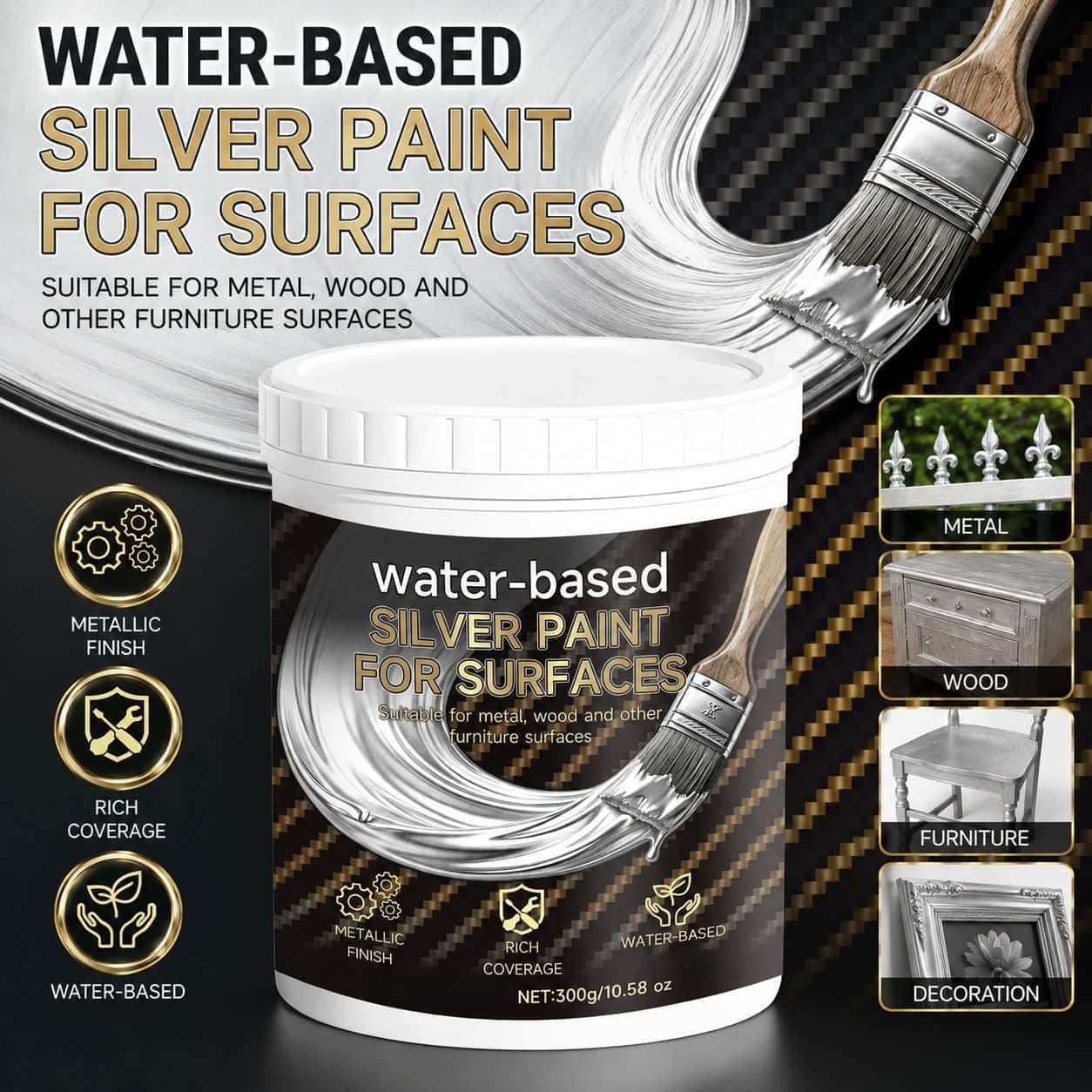 Pintura plateada a base de agua para metal, madera y piedra; revestimiento multisuperficie para muebles y decoración; pintura de cobertura suave para proyectos de renovación (DIY), 300 g (2Piezas)