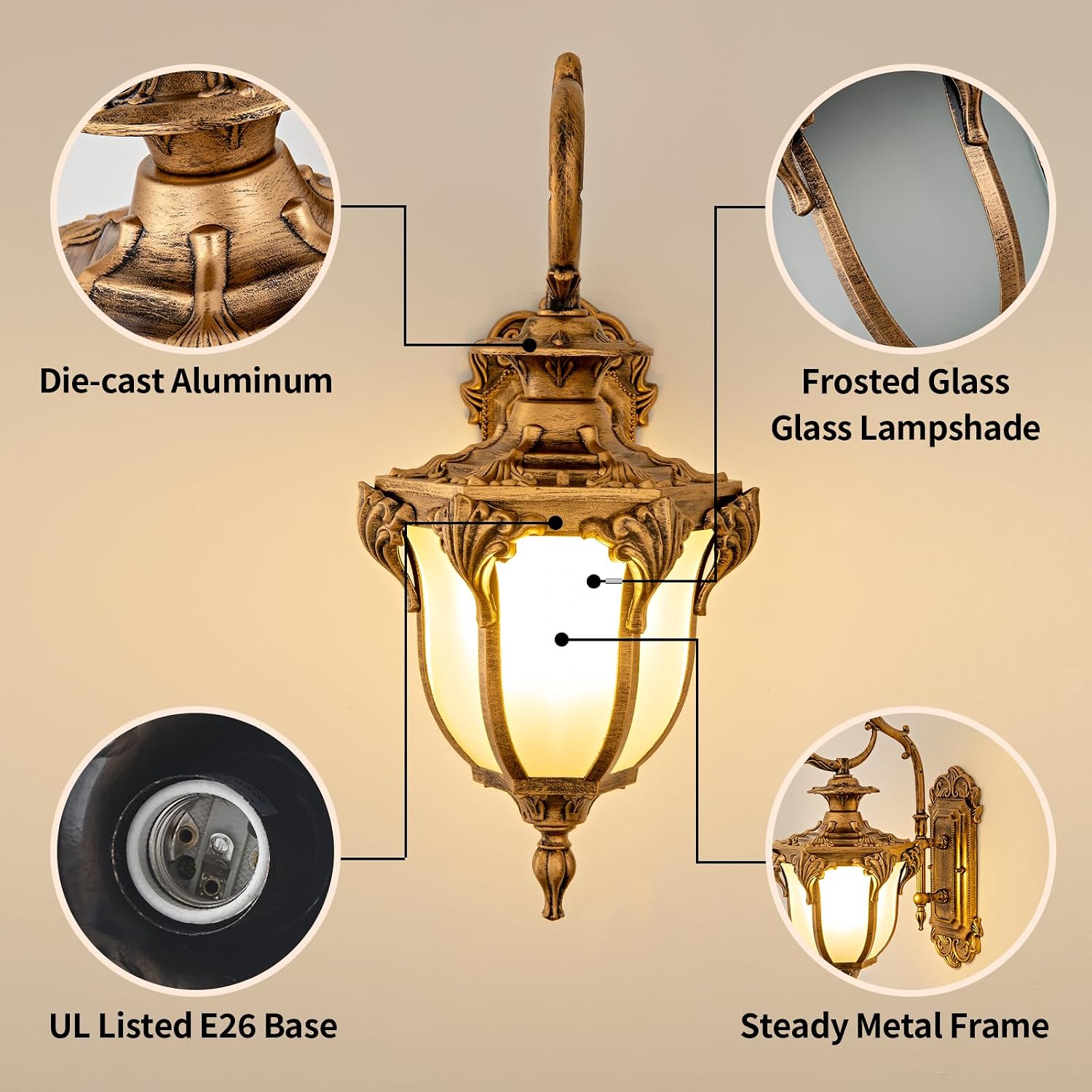Outdoor Wall Light Fixtures H23.1 Porch Lights Wall Mount Vintage Oversized Front Porch Lantern Lights Wall Sconce Gold Waterproof IP68 for Garage Front Doorways Balcony Patio Street
