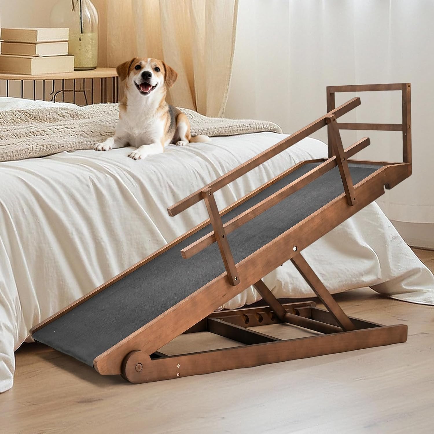 SLSY Dog Ramp for Beds & Couches, Folding Adjustable Pet Ramp with Non-Slip Rubber Mat, 55" Long, 5 Heights (15.7"–27.5"), Wooden Ramp Supports Up to 220 lbs for Dogs & Cats (Brown)
