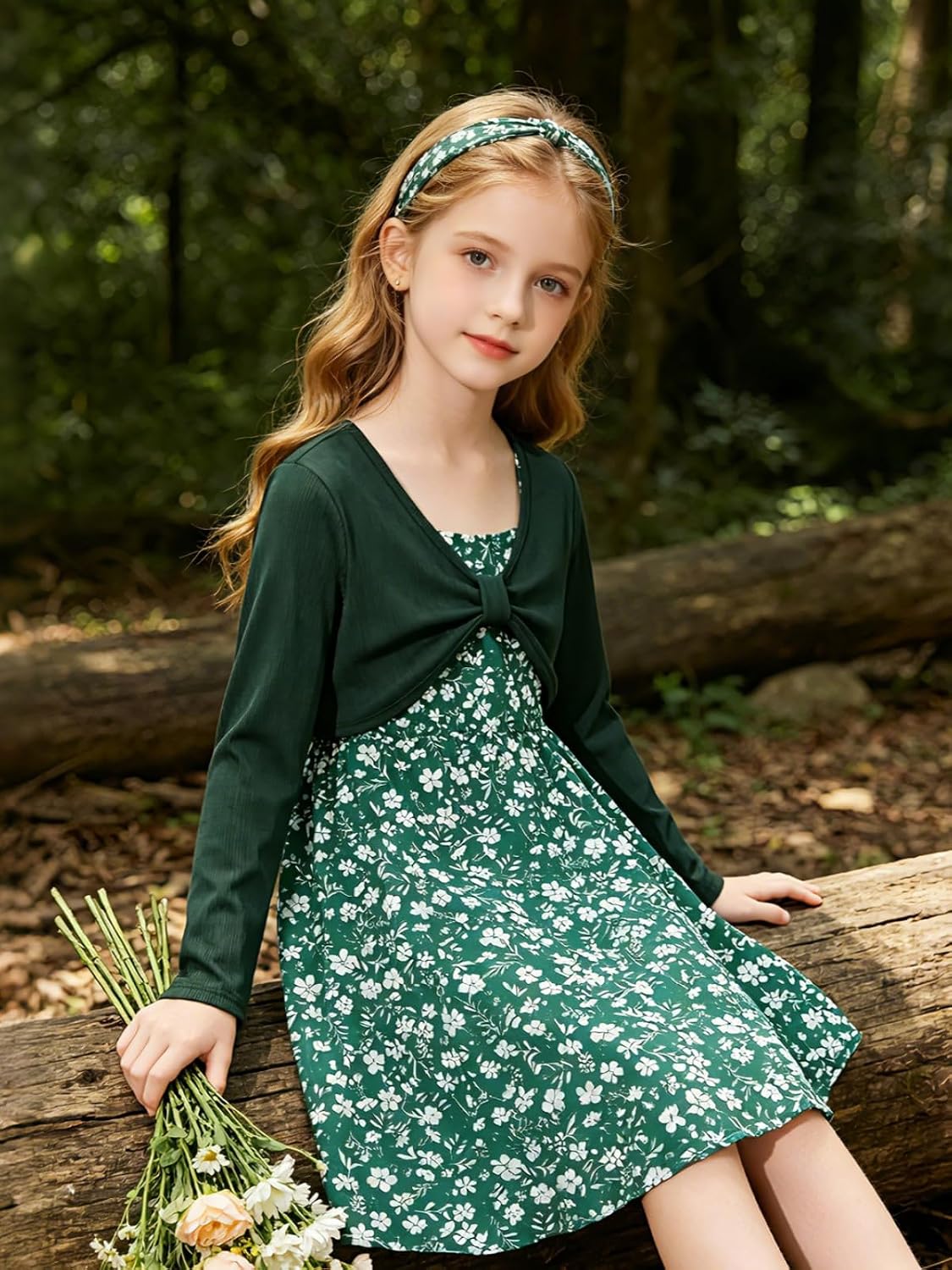 Girl's 2 Piece Outfit Printed Cami Dress with Long Sleeve Bow Crop Cardigan Set for 5-12 Years