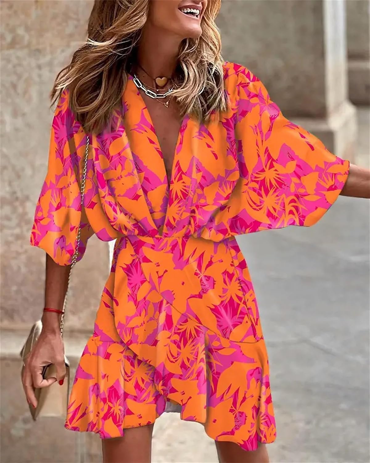 Wankang Colorful Short Summer Dresses for Women Ruffle Boho Mini Dress Half Sleeve Hippie Dress Swing Beach Dresses