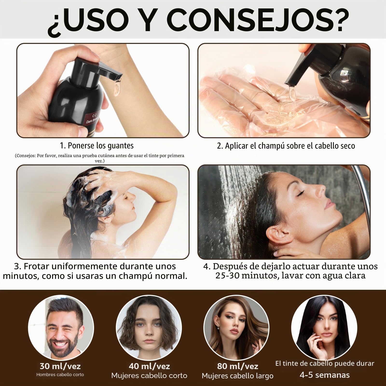 Hair Dye Shampoo 3 en 1 Cubre Canas, Brown Hair Dye Shampoo 3 en 1,Hair Color, Champú de Color Para el Cabello Instantáneo,Cobertura De Canas En Minutos para Hombres y Mujeres (Marrón)