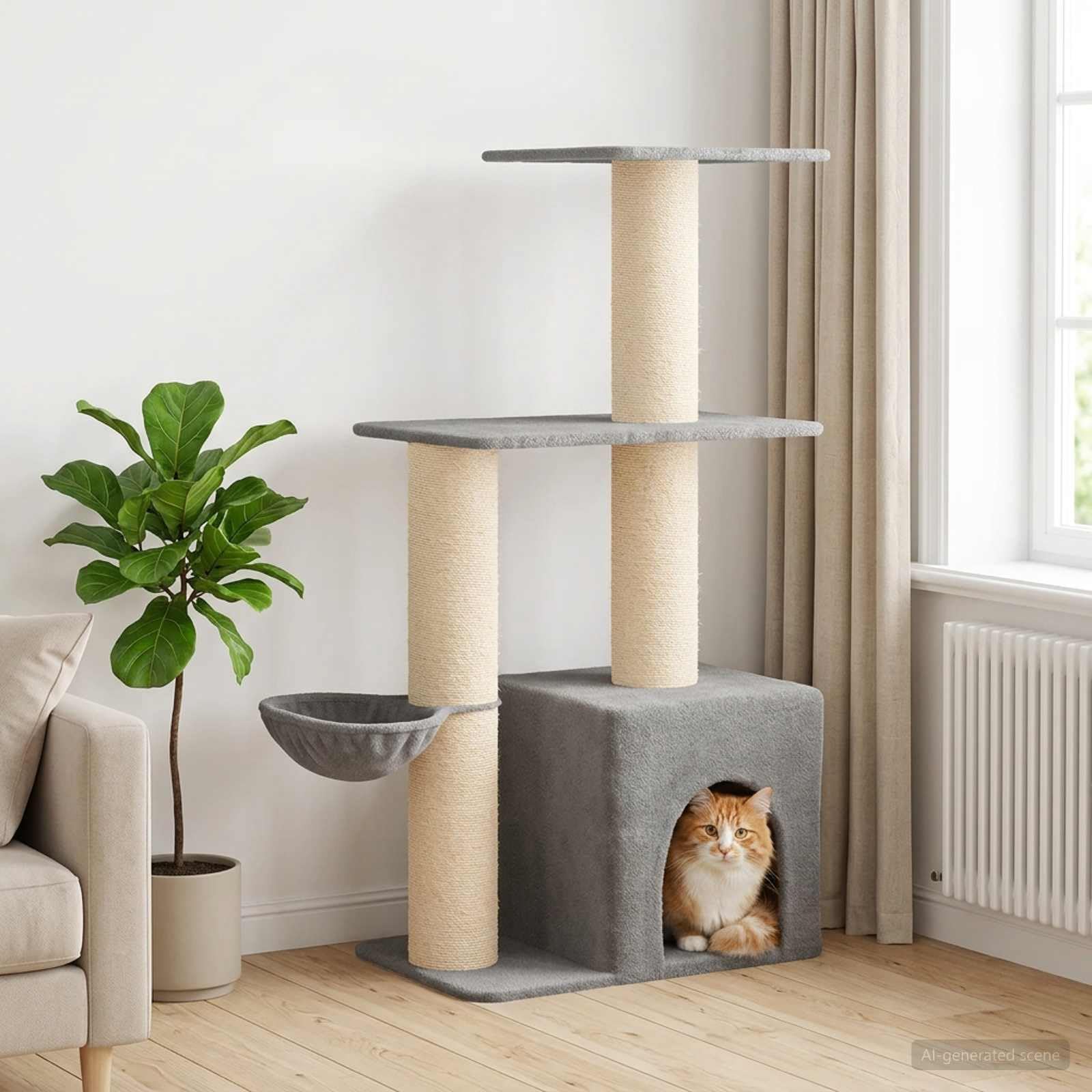 Kratzbaum Stabil mit Sisal-Kratzsäulen und Katzenhöhle - Mehrstöckiger Katzenbaum 133 cm hoch für Drinnen - Kletterbaum mit Plüsch und Holz für Katzen, Hellgrau
