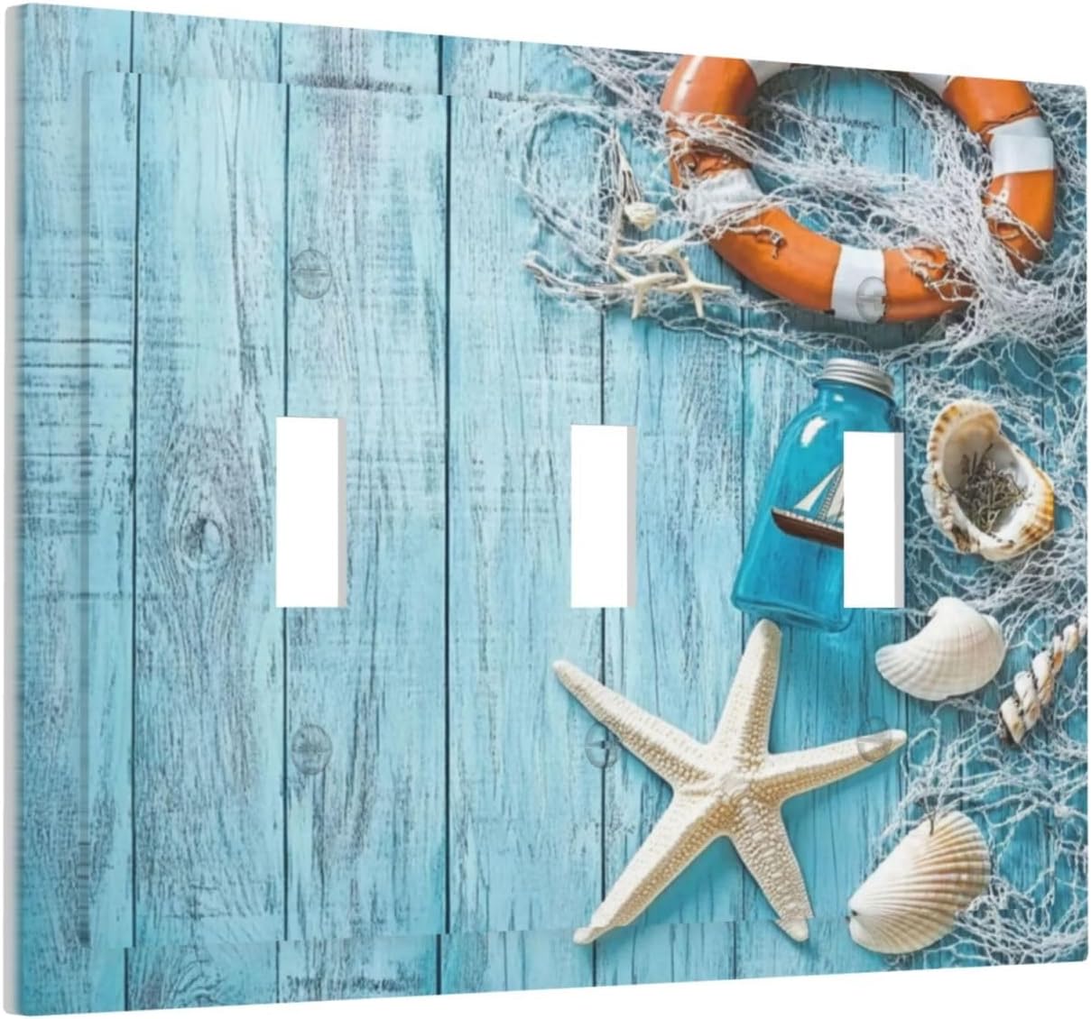 Decorative Switch Plate Cover Blue Wooden Board with Starfish Fishing Net Lifebuoy Seashell 3 Gang Artistic Wall Plate Unique Triple Toggle Light Switch Covers for Beach House Decor image 2