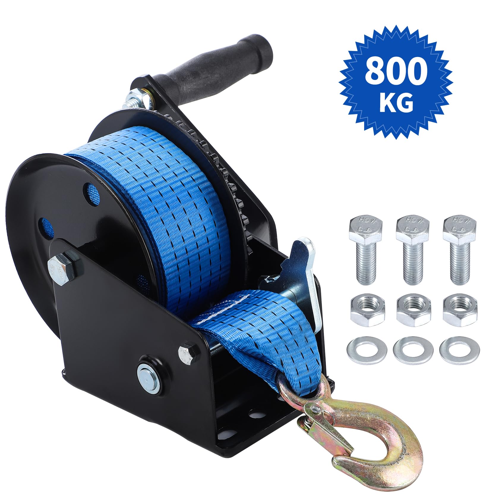 Pindex Cabrestante para barco con correa de 10 m, 800 kg, con antirretroceso | Con gancho de carga, palanca de bloqueo, tornillo, tuerca y arandela, para taller, garaje, remolque, dinghi, madera