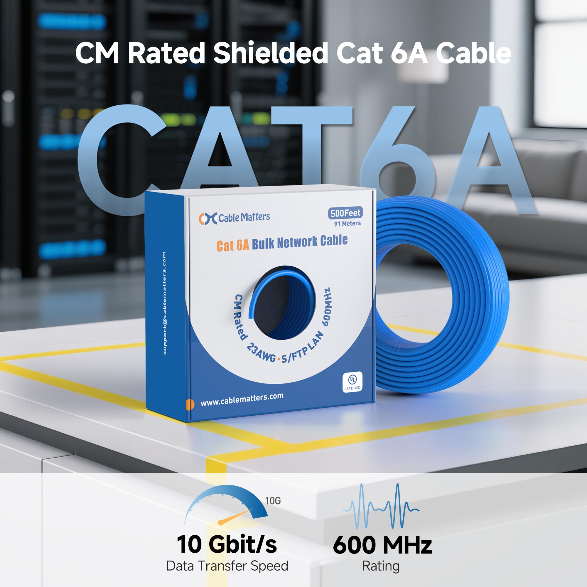 Cable Matters Cavo Ethernet Cat6a schermato in rame nudo da 10 Gbps a parete (CM) nominale 23 AWG, cavo Ethernet Cat6a, 152,4 m, solido, S/STP, S/FTP, cavo Ethernet Cat6a, blu