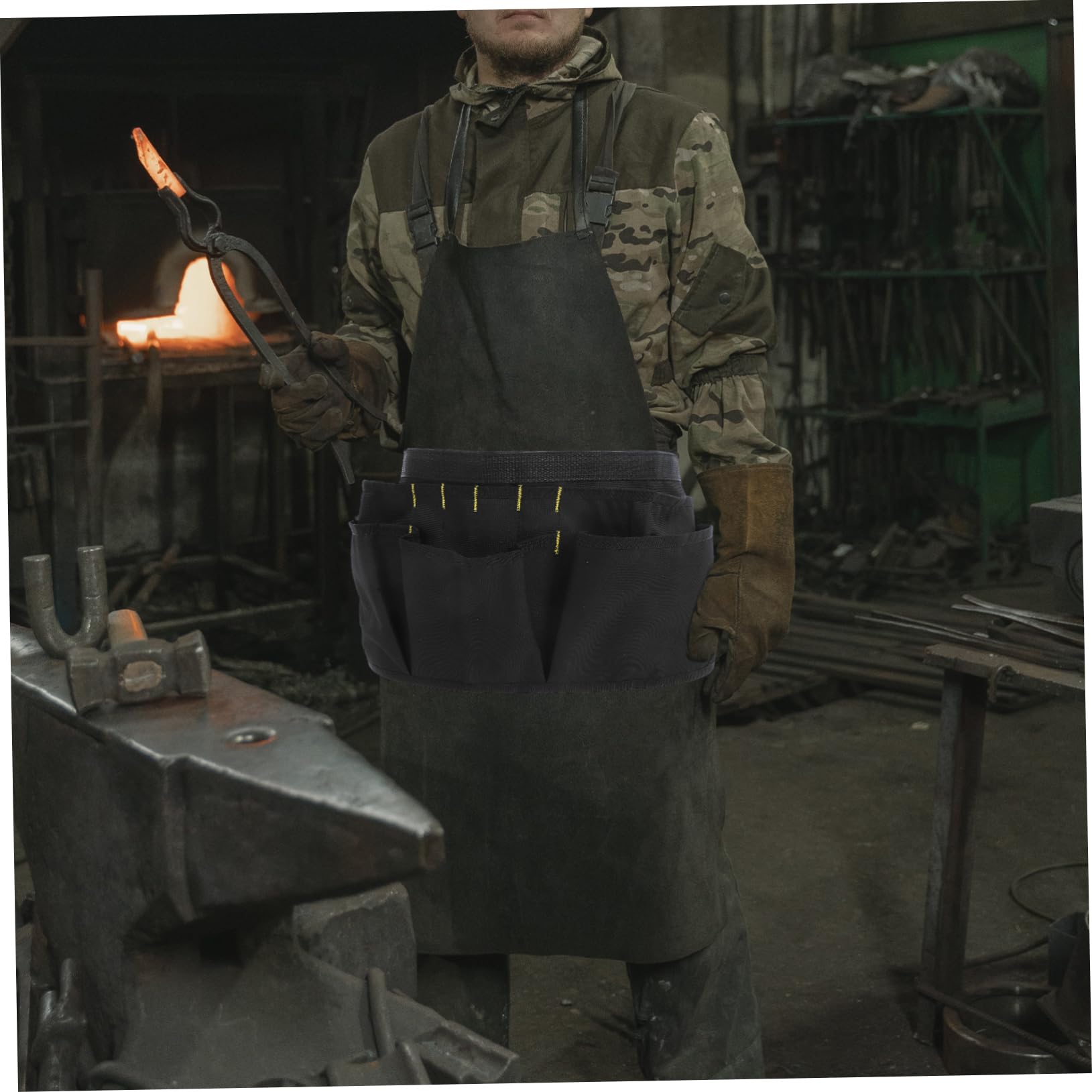 Grembiule da Carpentiere a Mezza Lunghezza in Canvas Nero con Tasche