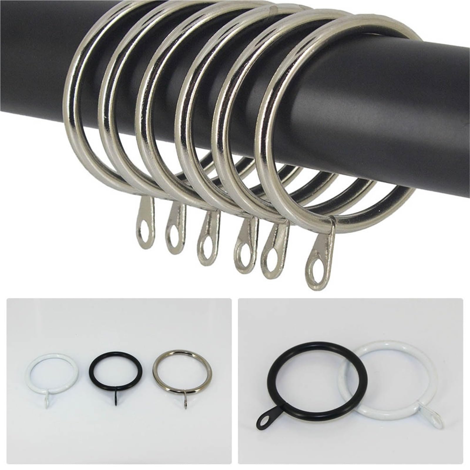 Anneaux de rideaux, Anneaux de rideaux, 100 pièces, crochets suspension en métal, robustes, adaptés aux tringles jusqu'à 37 Mm(Silver)