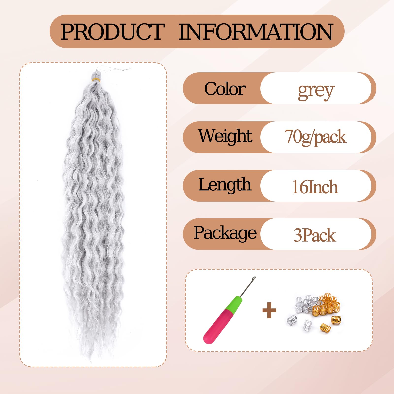 TAOYEMY Deep Wave Crochet Curly Braiding Hair 16 Inch 3 Packs Ocean Wave Crochet Hair Extensions Synthetic Curly Crochet Hair For Women (Grey - Image 2