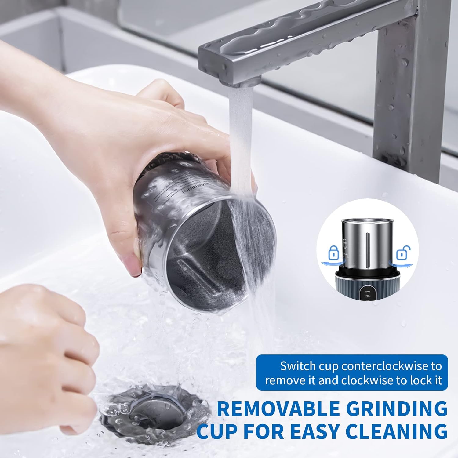 A hand rinsing the removable grinding cup under a faucet, demonstrating easy cleaning.