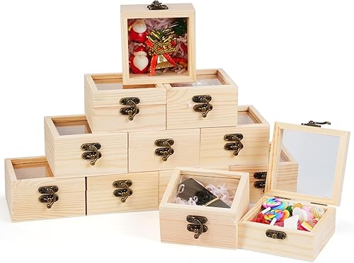 Thyle 12 cajas de madera sin terminar con tapa de vidrio, caja pequeña de madera en blanco, cajas de regalo de madera natural de 3.5 x 3.5 x 1.8