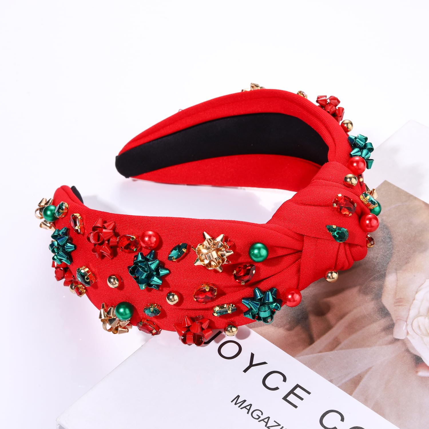 NVENF Jeweled Plaid Headband with Embellished Crystals and Pearls - Knotted Wide Top Knot Hair Accessory for Women, Holiday Outfits & Gifts - Image 6