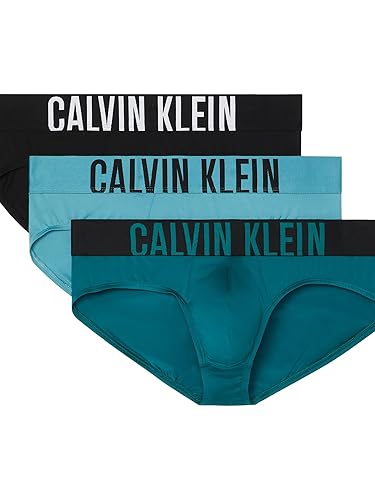 Calvin Klein Mens Intense Power 3-Pack Hip Brief - Medium - Aqua Bar, Black, Brisk Blue