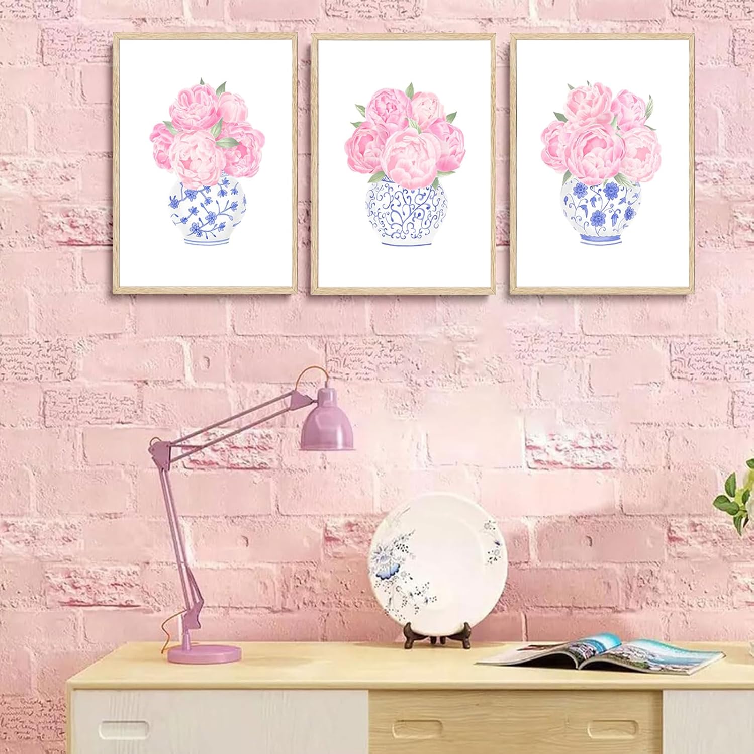 3pcs Pink Peonies Floral Wall Art Chinoiserie Blue And White Vase Wall Decor Pictures Preppy Aesthetic Canvas Posters Prints for Dorm Apartment Woman Bedroom Decoration Unframed (Posters, 16x24in)