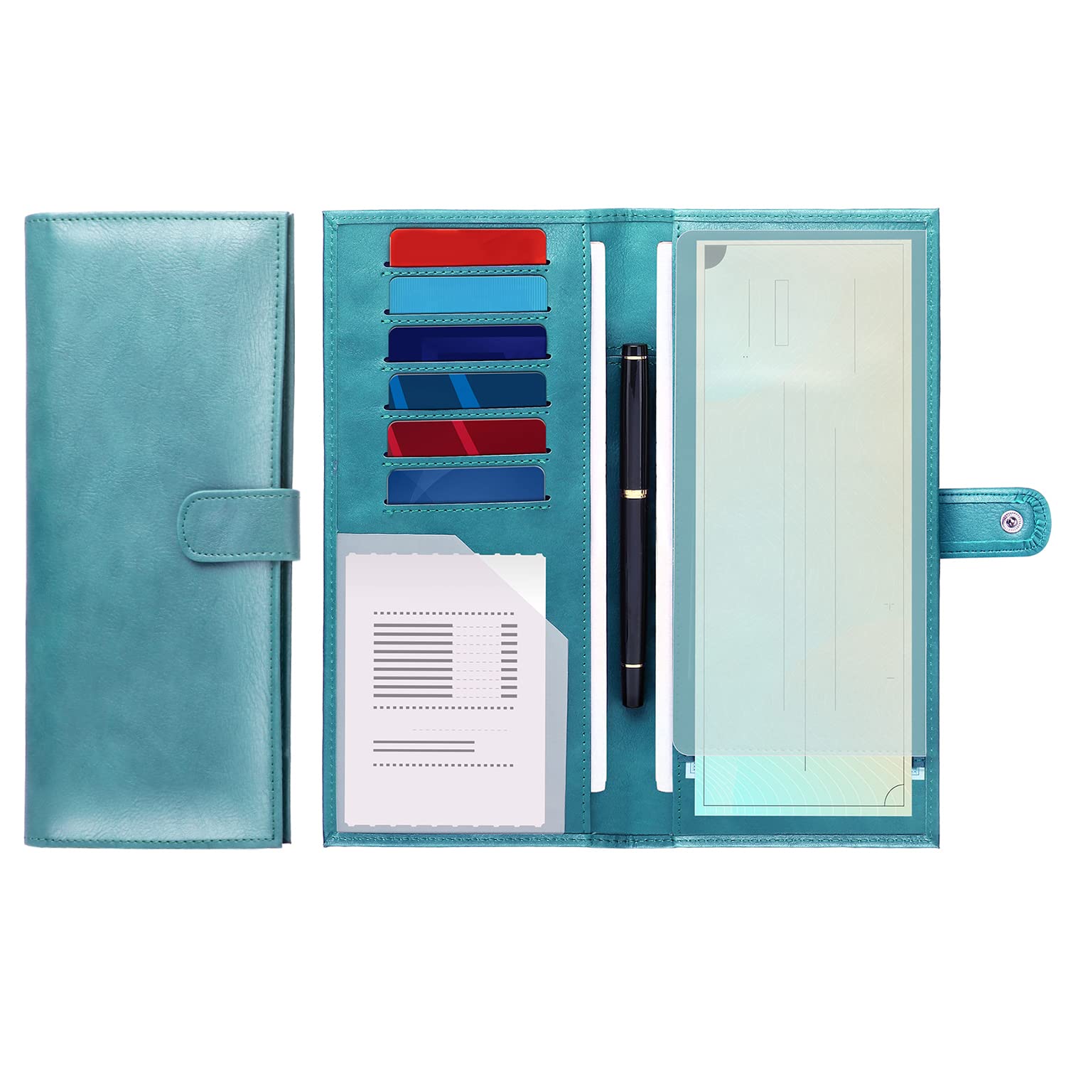 LLi Cufite Business Size and Travelers Check Large Checkbook Cover for Side & Top Tear Checks, Deposit Tickets, Companion Checks, Leather Check Book Cover with Duplicate Check Sleeve & Card Slots