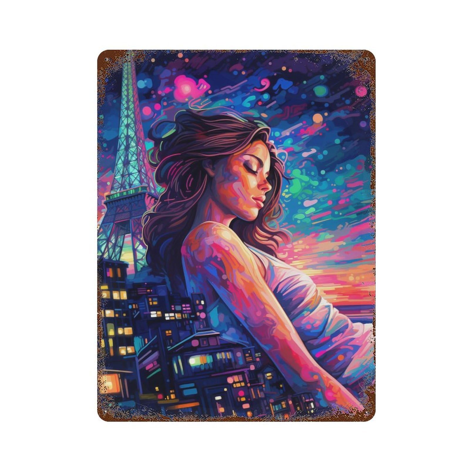 Paris Nights City Lights & Dreams Vintage Wall Sign 15.7"x11.8", Rust Effect Metal Decor for Shed, Workshop And Garage Wall Decor