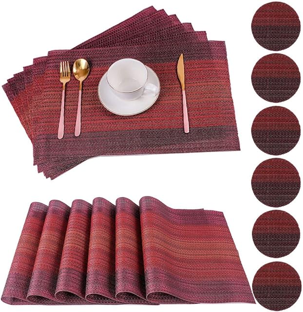 PVC Placemats Set of 6 for Dining Table with 6 Coasters Washable Heat Resistant Dining Table Mats Woven Vinyl Placemat Non-Slip Kitchen Table Mats Easy to Clean (Set of 6, Red)