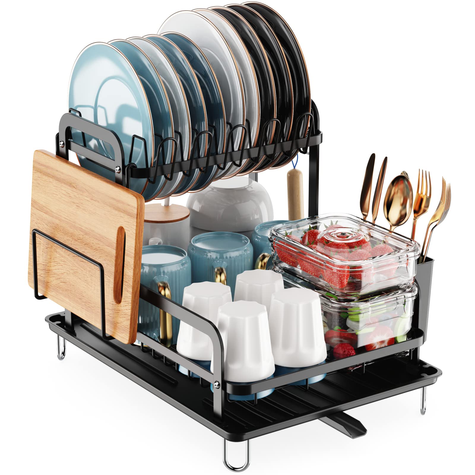 GSlifeDish Drying Rack with Drainboard - 2 Tier Rust Resistant Dish Rack for Kitchen Counter, Dish Drainer Racks Set with Utensil Holder, Cutting Board Holder, Black