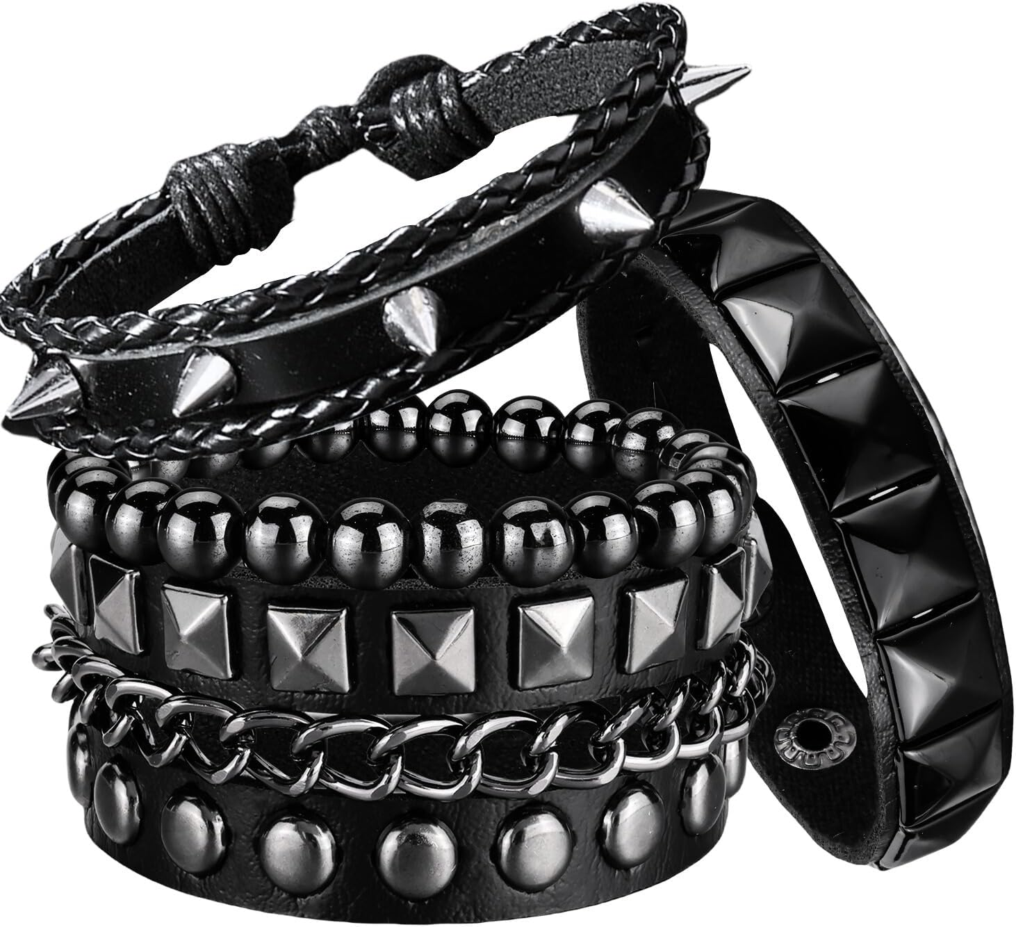 4 Pcs Leather Punk Rock Studded Bracelets Set for Men and Women 80s Adjustable Spike Cuff and Retro Emo Jewelry Accessories