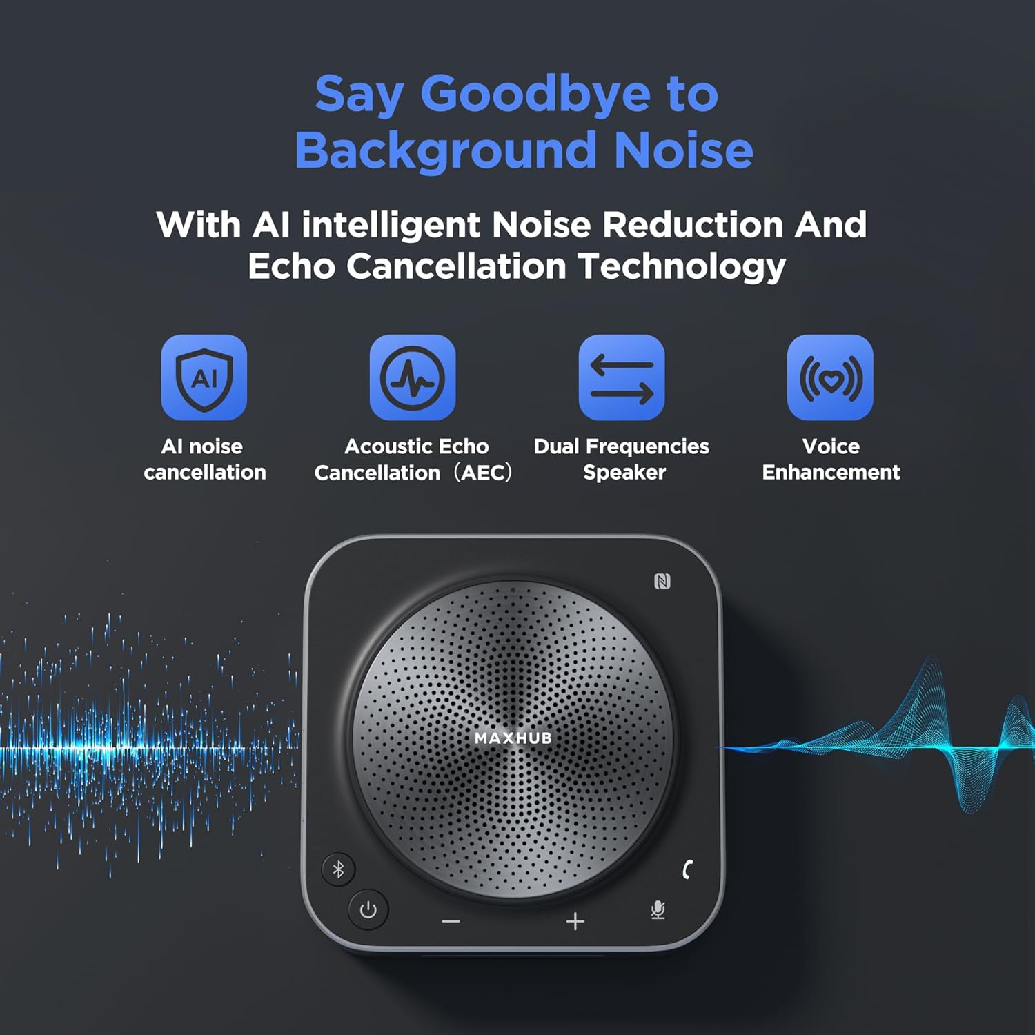 MAXHUB BM35 Speakerphone with AI noise reduction and echo cancellation icons