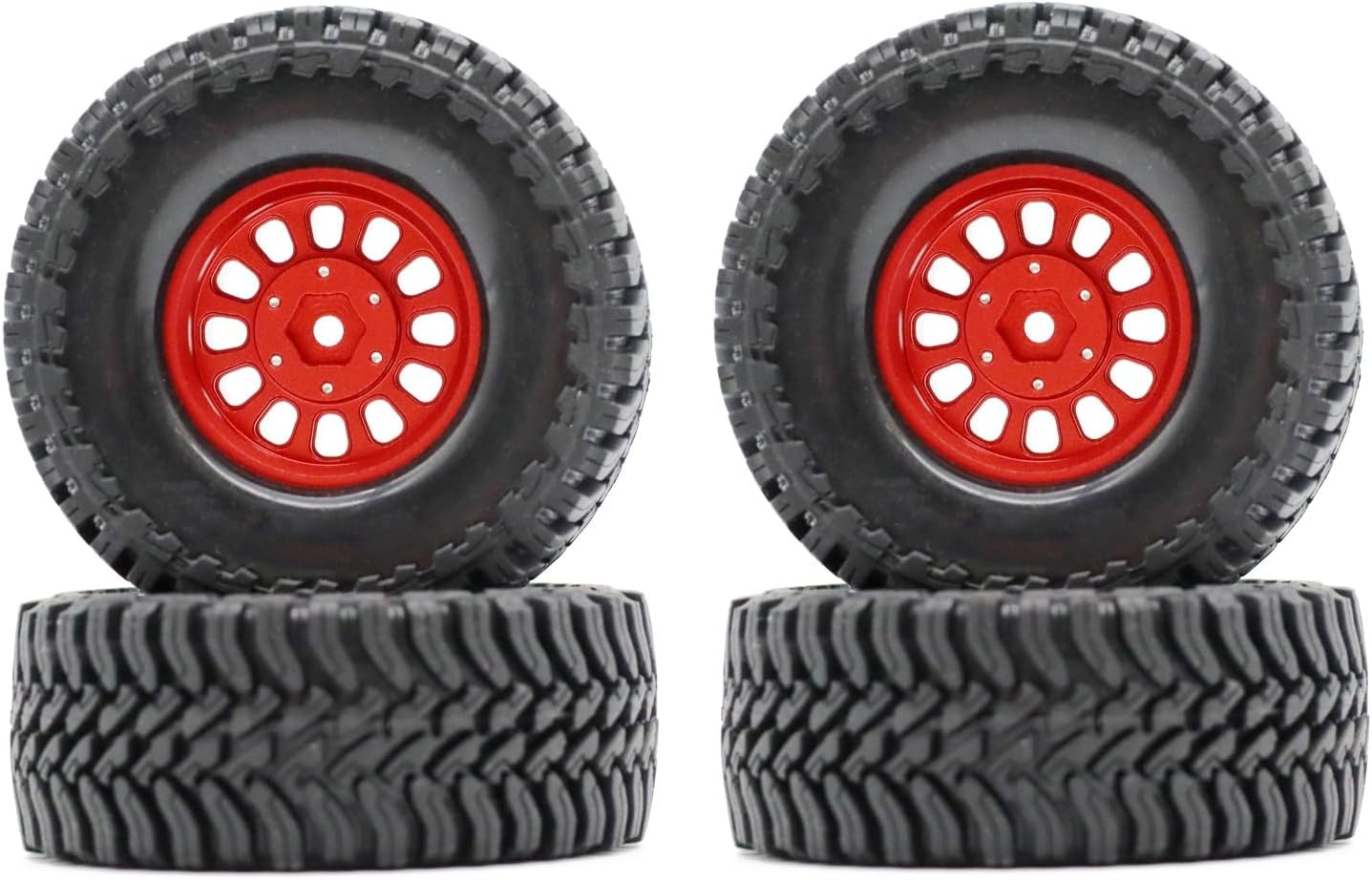 1.3” Brass Beadlock Wheels & All-Terrain Tires Set for 1/18 1/24 RC Crawler TRX4M, Axial SCX24 / AX24, Redcat Ascent-18, FMS FCX24, -5.40mm Offset, 7mm Hex, 4 pcs, Red