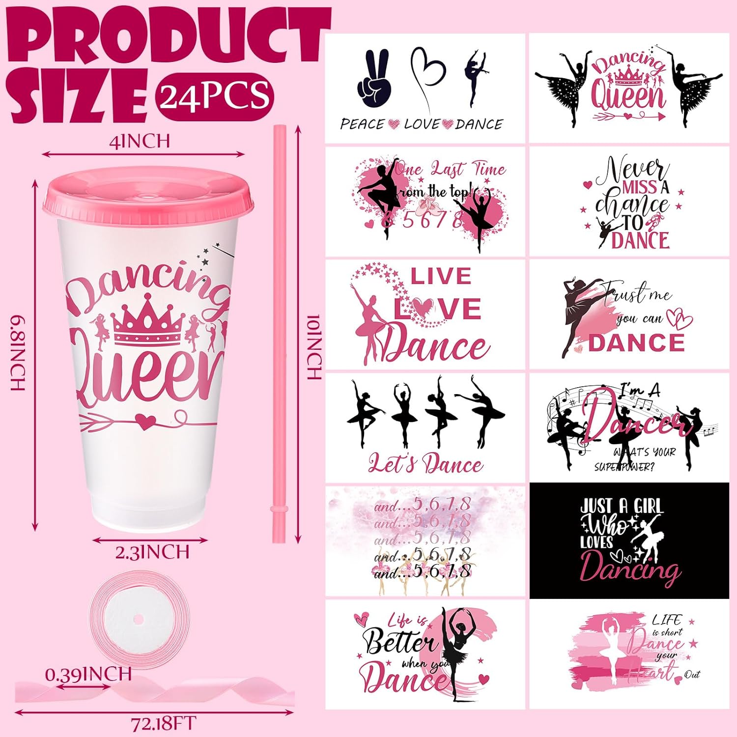 Geyoga 24 Pcs Yoga Dancer Appreciation Gifts Bulk for Women 24 oz Plastic Ballet Dance Reusable Tumbler Cup with Lid Straw Ribbon Bow for Dancer Team Gift Performance Competition Birthday Party Favor
