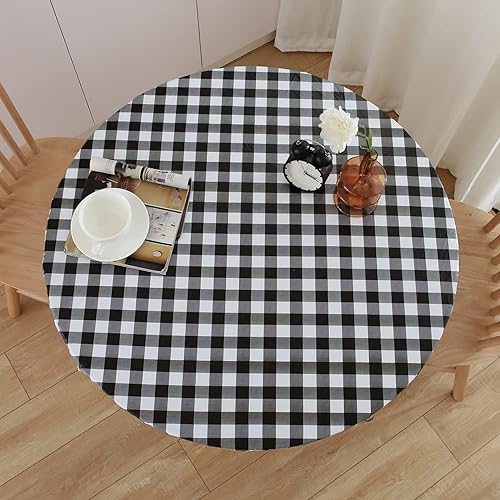 NLMUVW Mantel redondo de vinilo ajustable con borde elástico, 100 % impermeable, a prueba de aceite, mantel de cloruro de polivinilo fácil de
