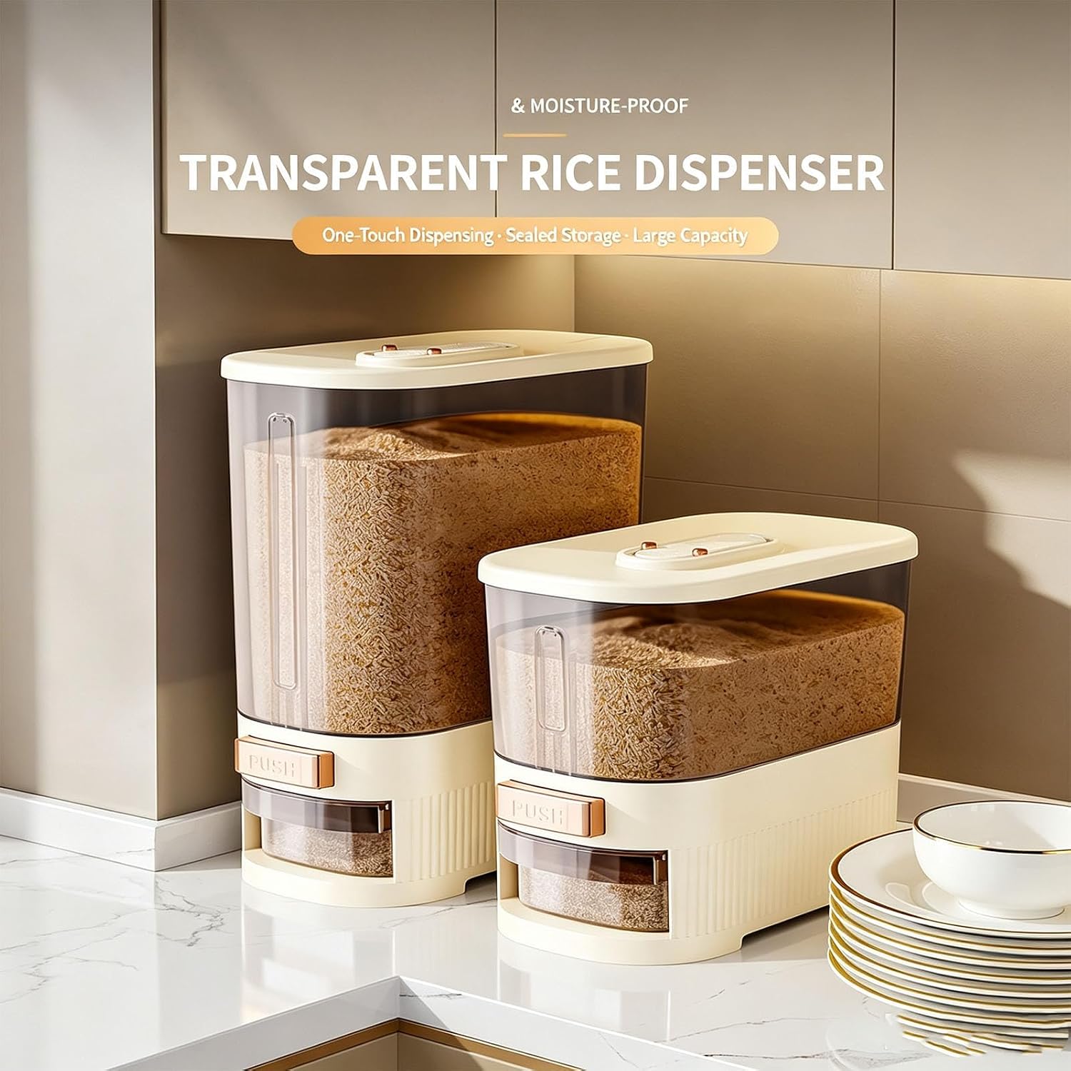 Kitchen Rice Organizer with Press Button Dispenser, a
