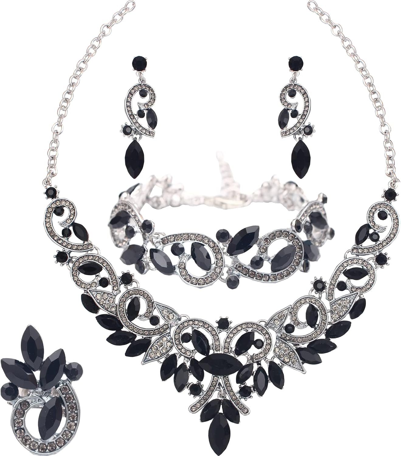 Wedding Bridal Prom Austrian Crystal Rhinestone Statement Necklace Earrings Bracelet Ring Wedding Party Costume Jewelry Sets for Brides Women