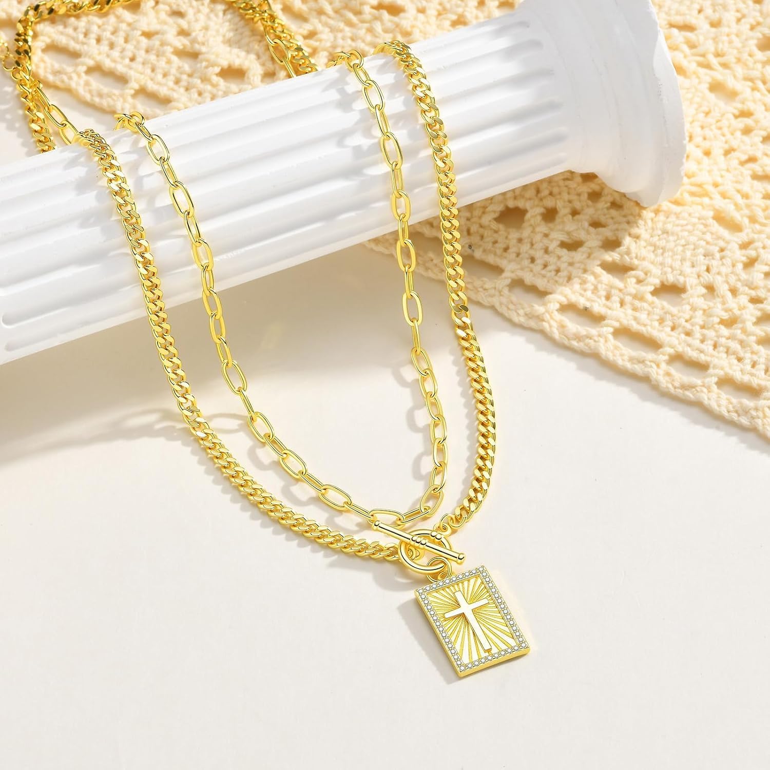 Religious Cross Necklaces for Women - 14K Gold Plated Layered Necklaces Set