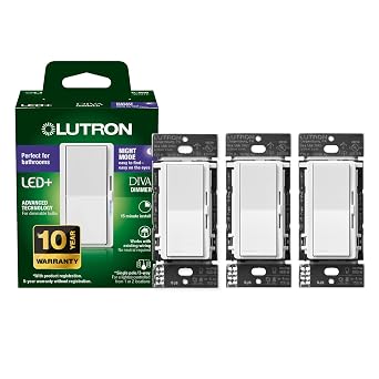 Lutron Diva LED+ Dimmer Switch with Night Mode for Bathrooms, Paddle Dimmer Switch for Dimmable LED Bulbs, UL Listed, Single-Pole/3-Way, No Neutral Wire Required, DVCLN-153PG-WH-3, White, 3 Pack