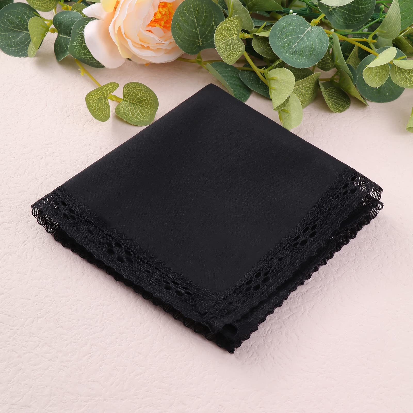 HOULIFE Lot de 6/12 mouchoirs en tissu noir - Pour femme - 100 % 60S - En coton brodé - 25 x 25 cm